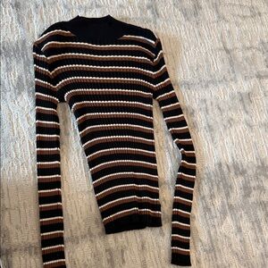 Simple Sanctuary Striped Ribbed Mock Neck Sweater - Black, Brown & Cream